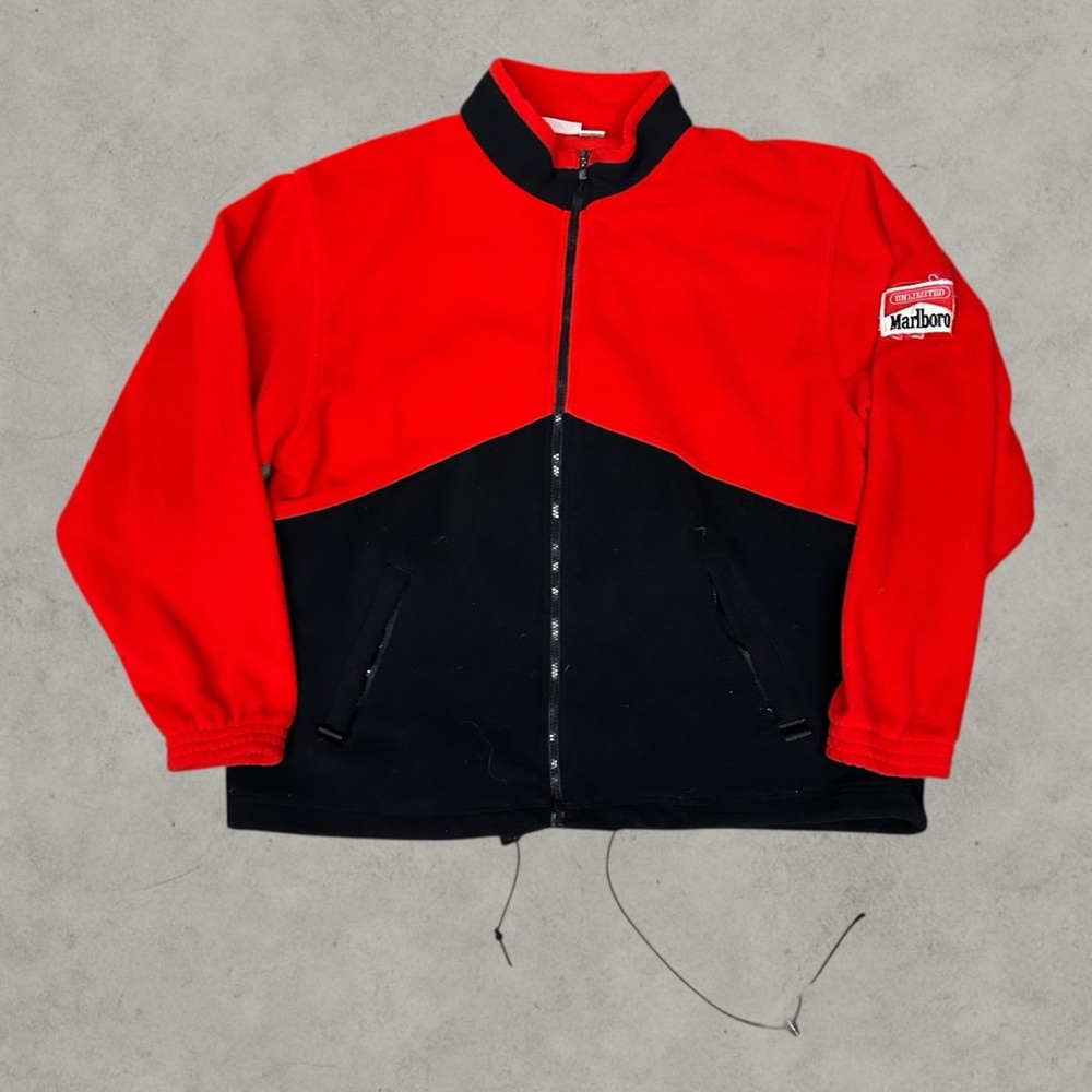 Vintage Marlboro Sweater Mens XL Red Full Zip Fleece Sweater 90s Cigarette Promo
